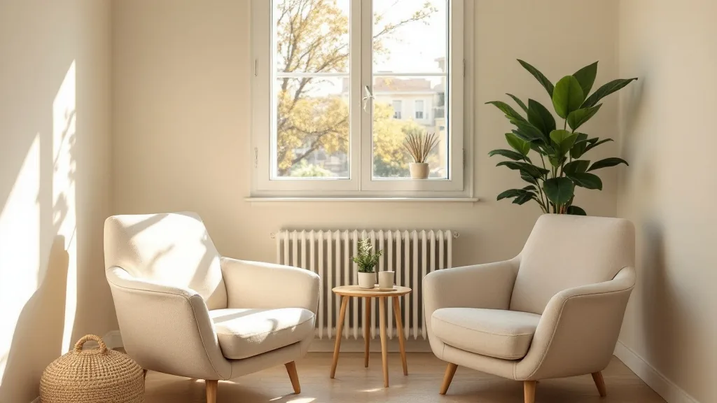 Sala de consulta de psicología con luz natural, butacas y una planta junto a la ventana