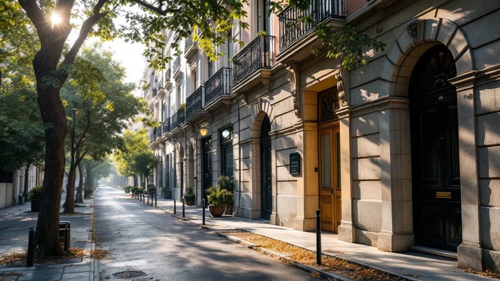 Portal de un edificio en el barrio de Goya de Madrid, en una mañana tranquila