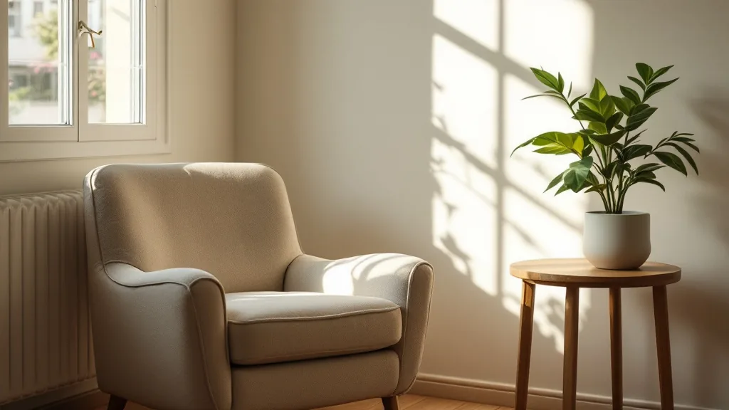 Sala de espera tranquila de una consulta de psicología con luz natural